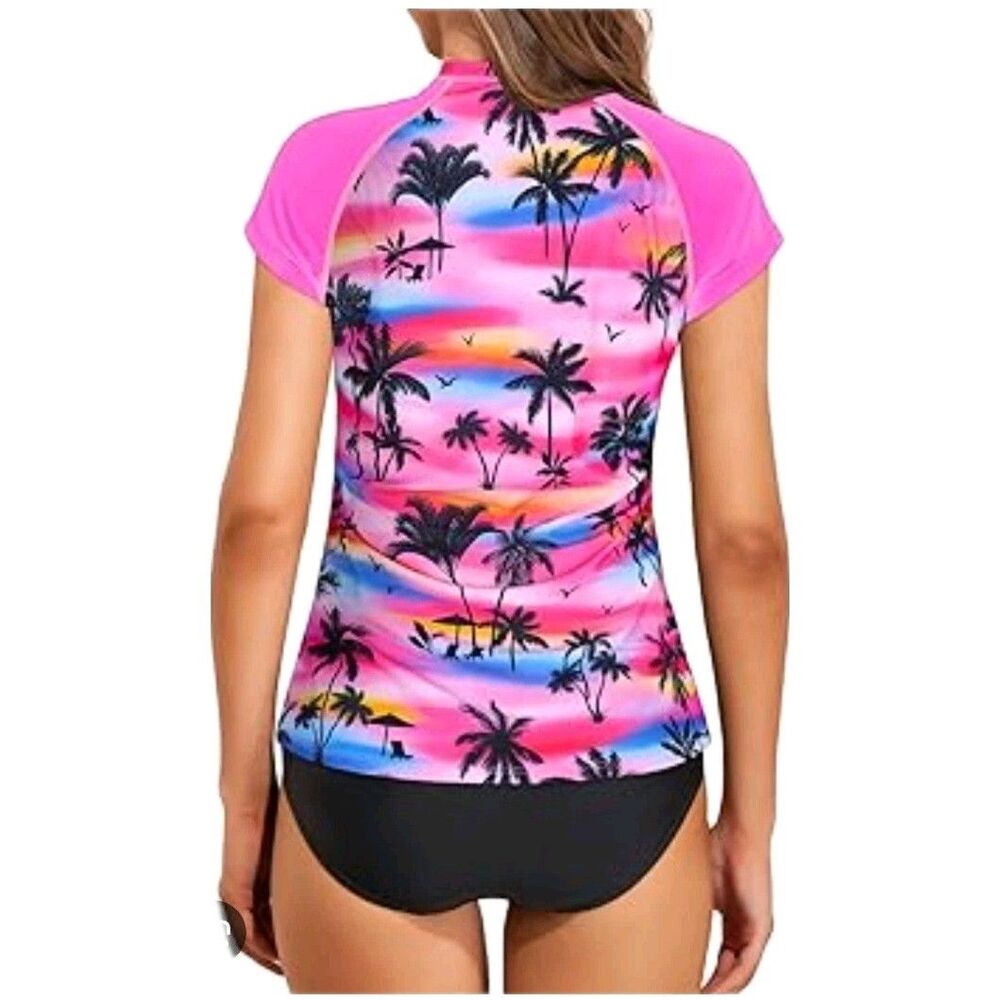 NWT Holipick 2pc Rash Guard Swimsuit Pink Coconut Tree UPF 50 Zip Top Set - Picture 2 of 6